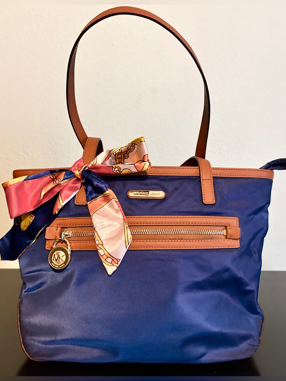 Michael Kors Kempton Blue Nylon Tote with Tan Saffiano Leather, NWT MK Dust Bag